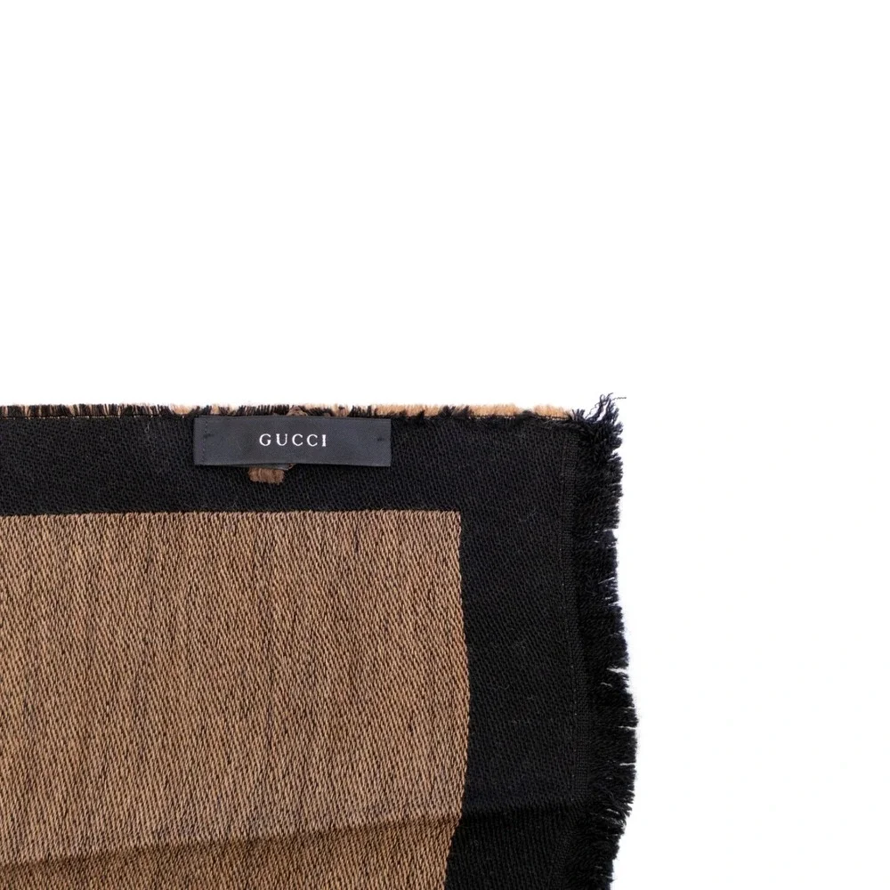Gucci Firenze 1921 Wool Scarf Black Brown‎ Logo Fringe 172x36cm